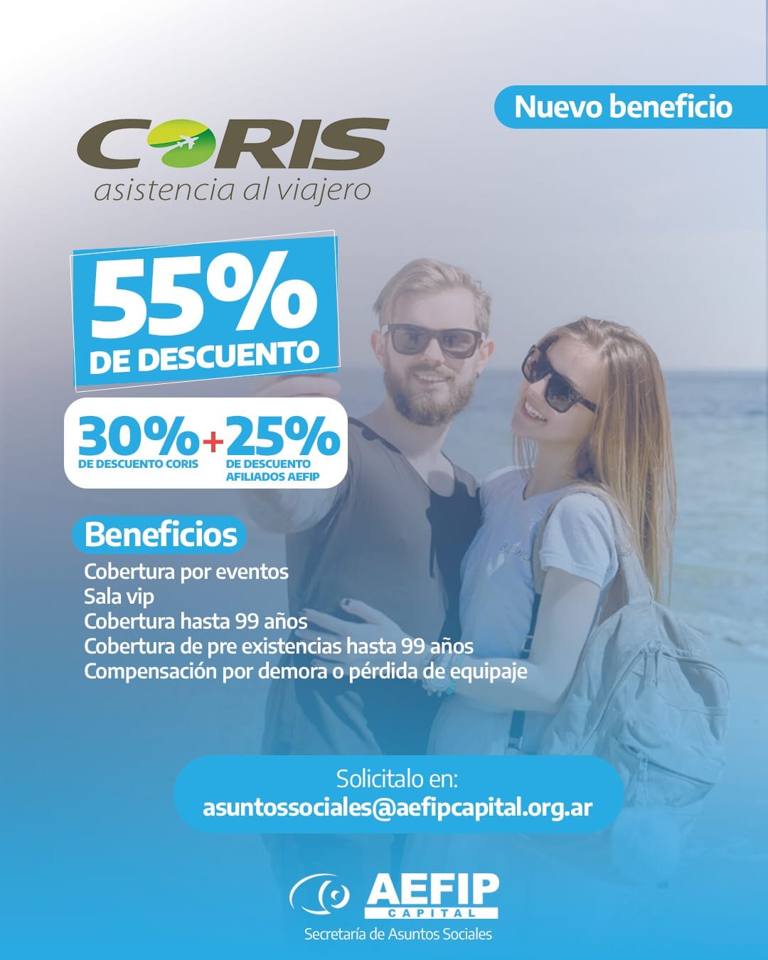 CORIS asistencia al viajero: 55% de descuento (30% CORIS más 25% afiliados AEFIP)