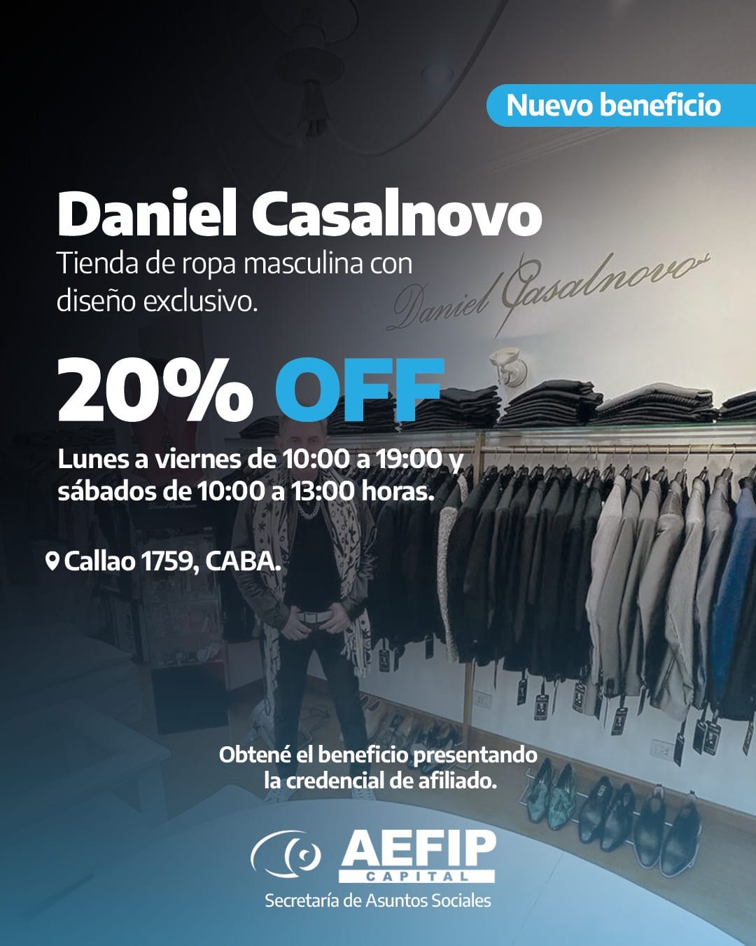 Daniel Casalnovo, ropa masculina: 20% OFF para afiliados de AEFIP Capital