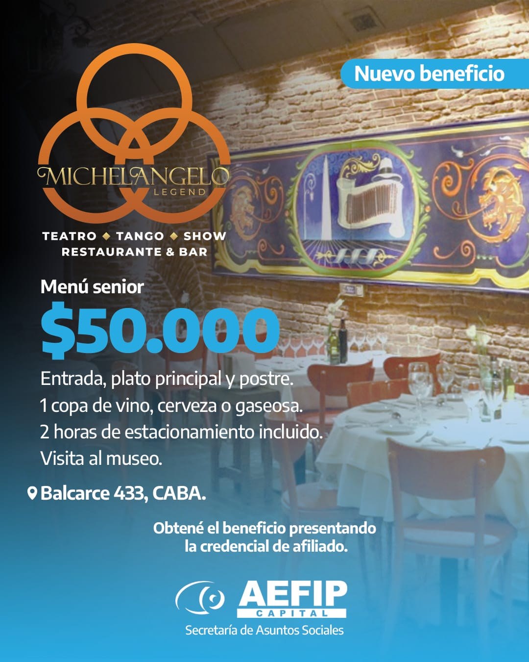 Michelangelo Legend: cena y show de tango y folklore, menú senior $50.000