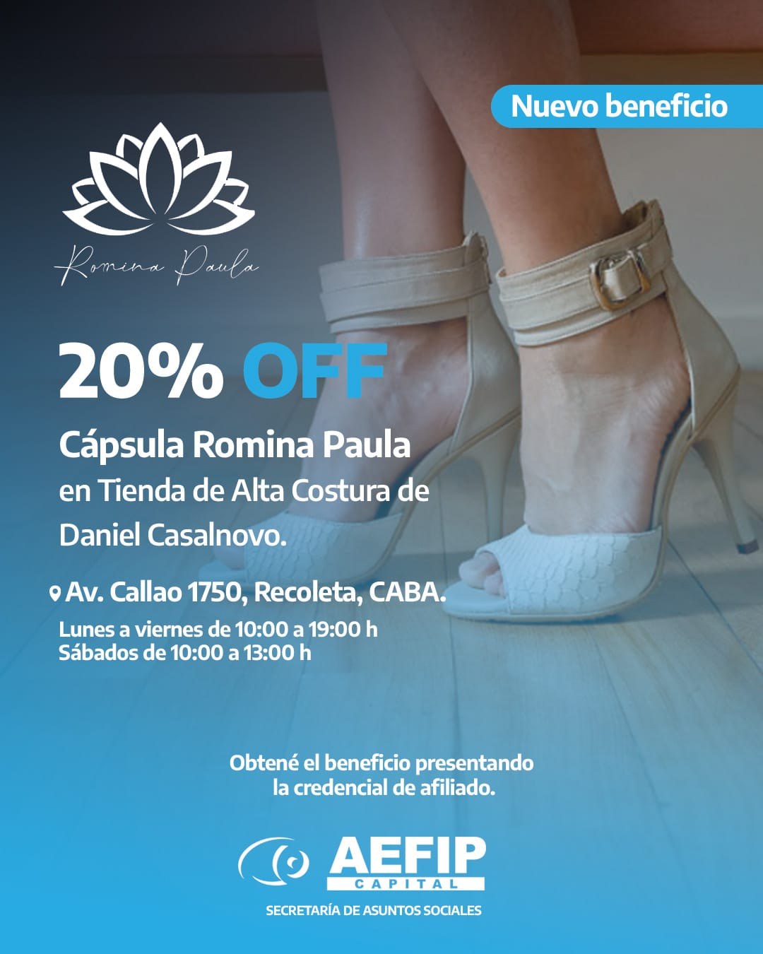 Romina Paula: 20% OFF en calzado artesanal femenino para afiliadas de AEFIP Capital
