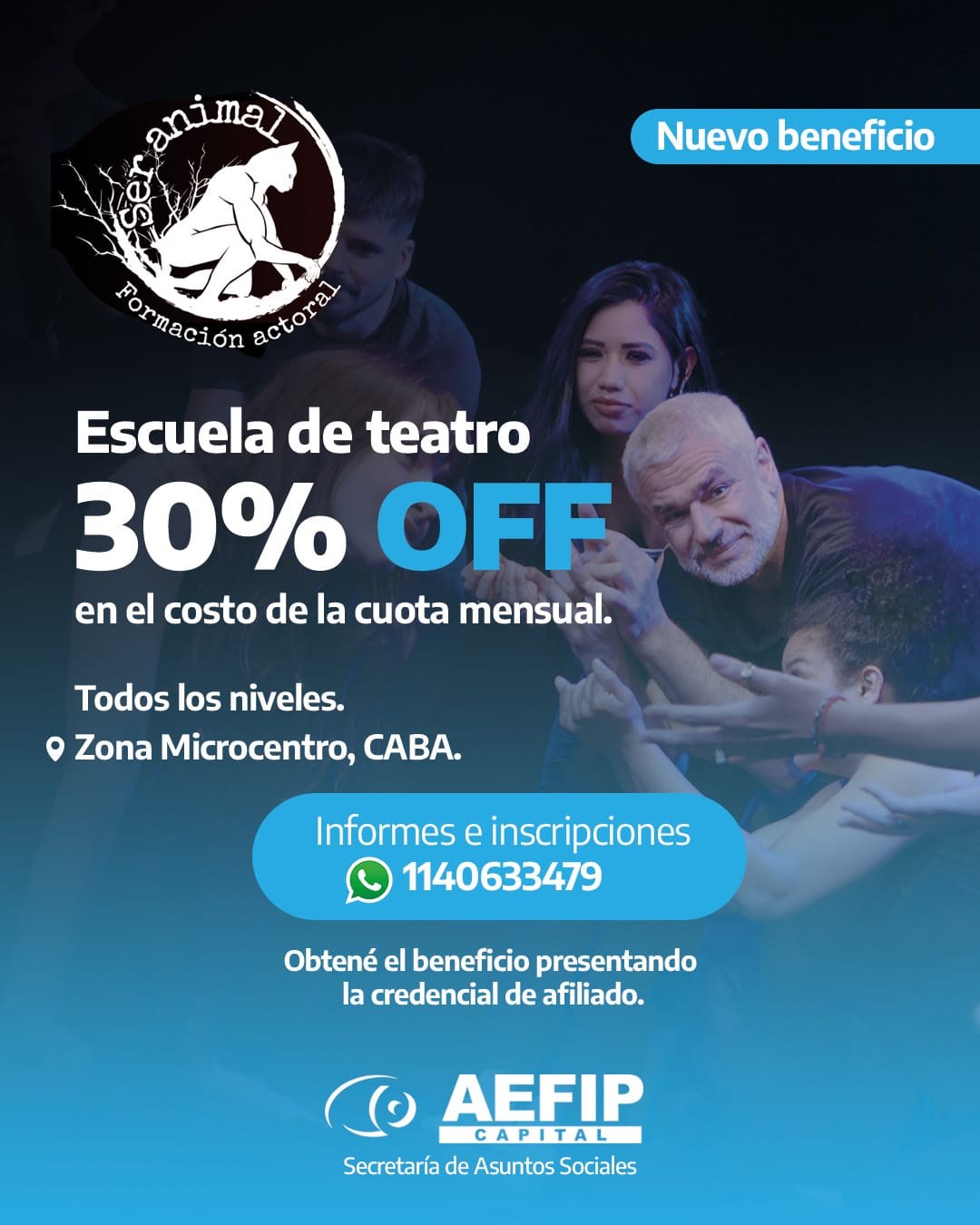Ser Animal Formación Actoral: 30% OFF en la cuota mensual para afiliados de AEFIP Capital